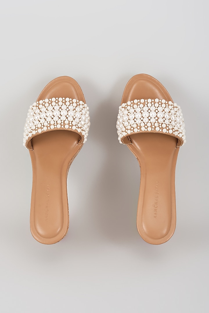 Tan Faux Leather Pearl Embroidered Heels by Aanchal Sayal at Pernia's Pop Up Shop