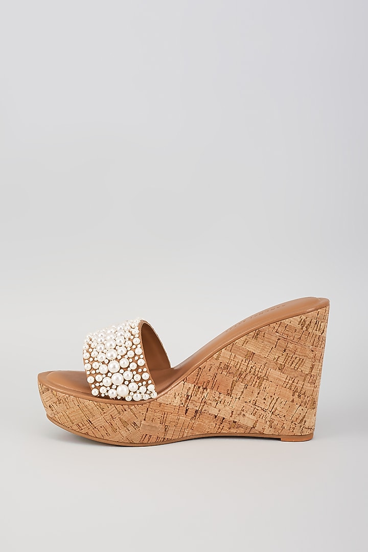 Tan Faux Leather Pearl Embroidered Heels by Aanchal Sayal at Pernia's Pop Up Shop