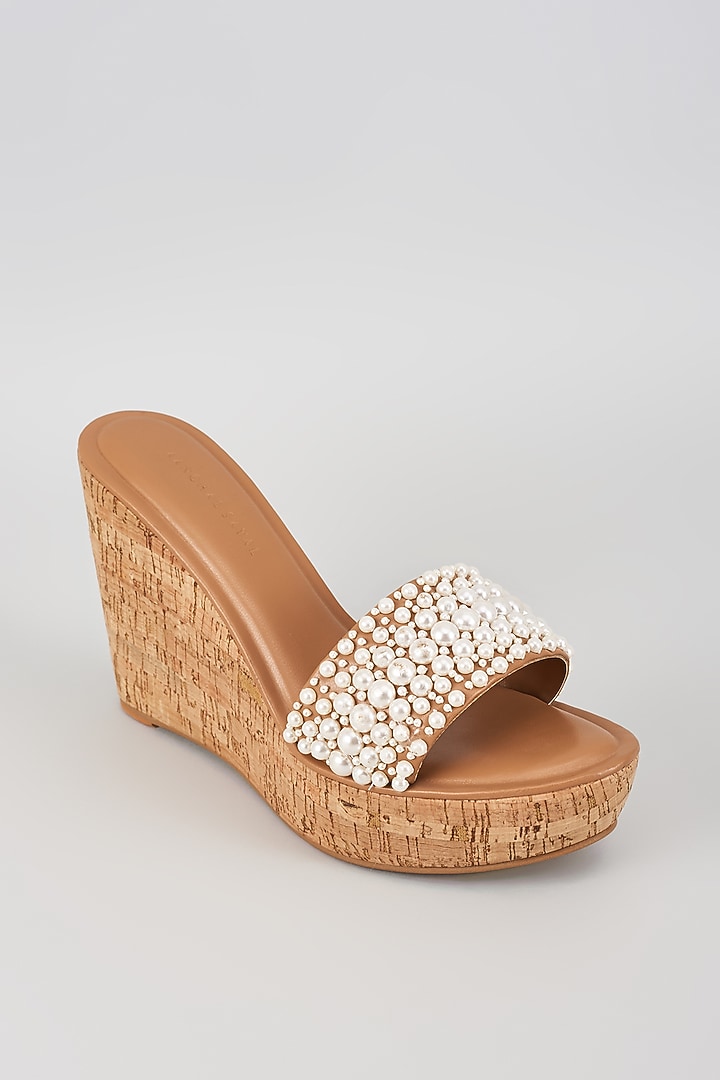 Tan Faux Leather Pearl Embroidered Heels by Aanchal Sayal at Pernia's Pop Up Shop