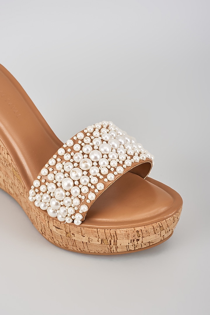 Tan Faux Leather Pearl Embroidered Heels by Aanchal Sayal at Pernia's Pop Up Shop