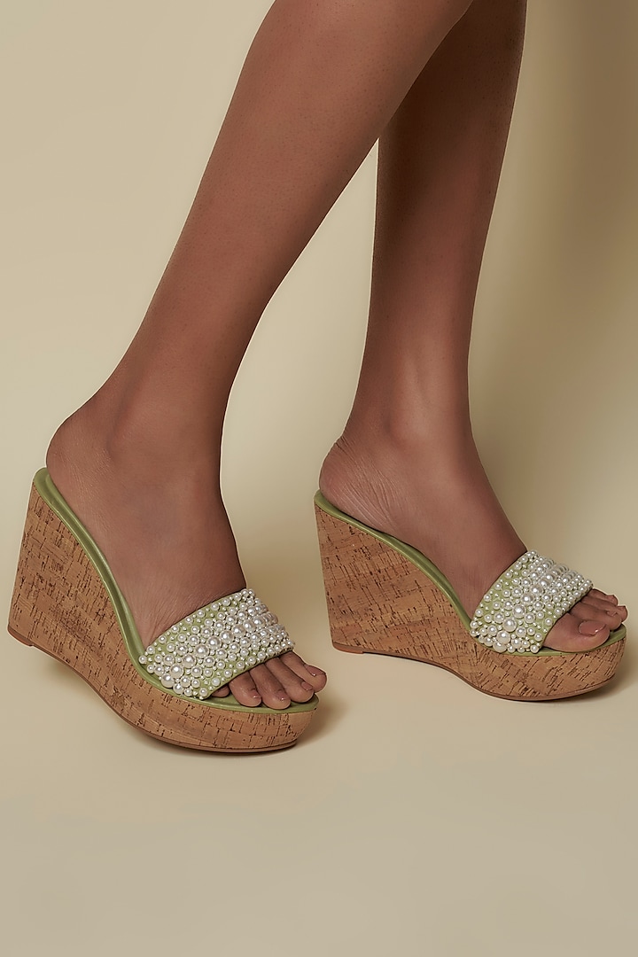 Mint Faux Leather Pearl Embroidered Heels by Aanchal Sayal at Pernia's Pop Up Shop