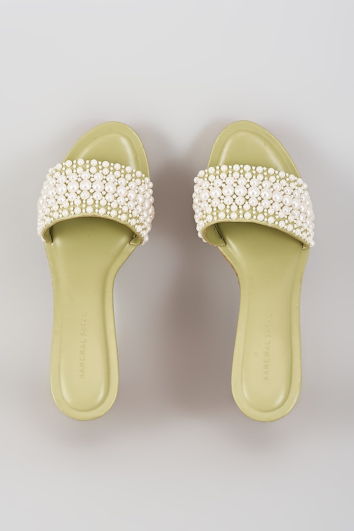Mint Faux Leather Pearl Embroidered Heels by Aanchal Sayal at Pernia's Pop Up Shop