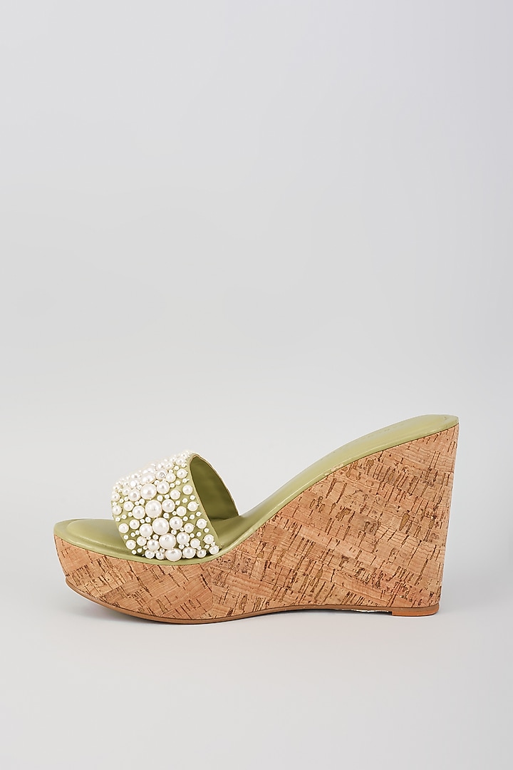 Mint Faux Leather Pearl Embroidered Heels by Aanchal Sayal at Pernia's Pop Up Shop