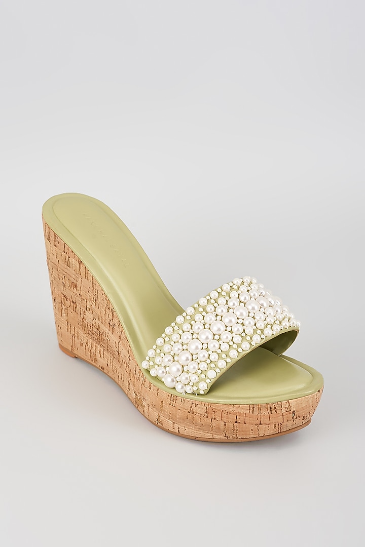 Mint Faux Leather Pearl Embroidered Heels by Aanchal Sayal at Pernia's Pop Up Shop