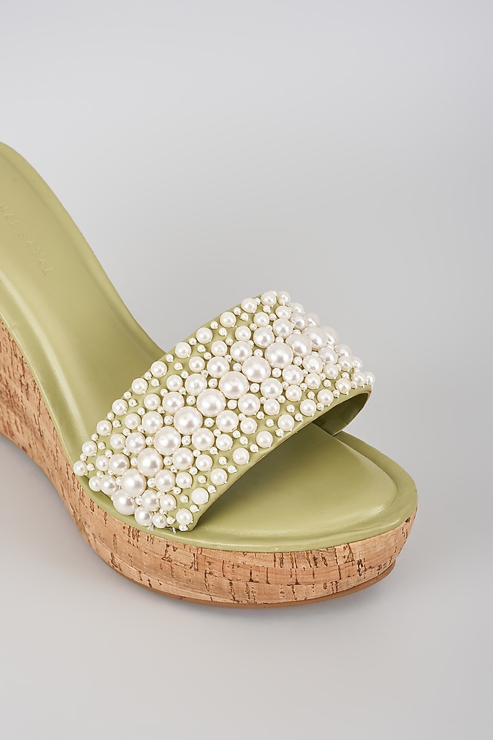 Mint Faux Leather Pearl Embroidered Heels by Aanchal Sayal at Pernia's Pop Up Shop