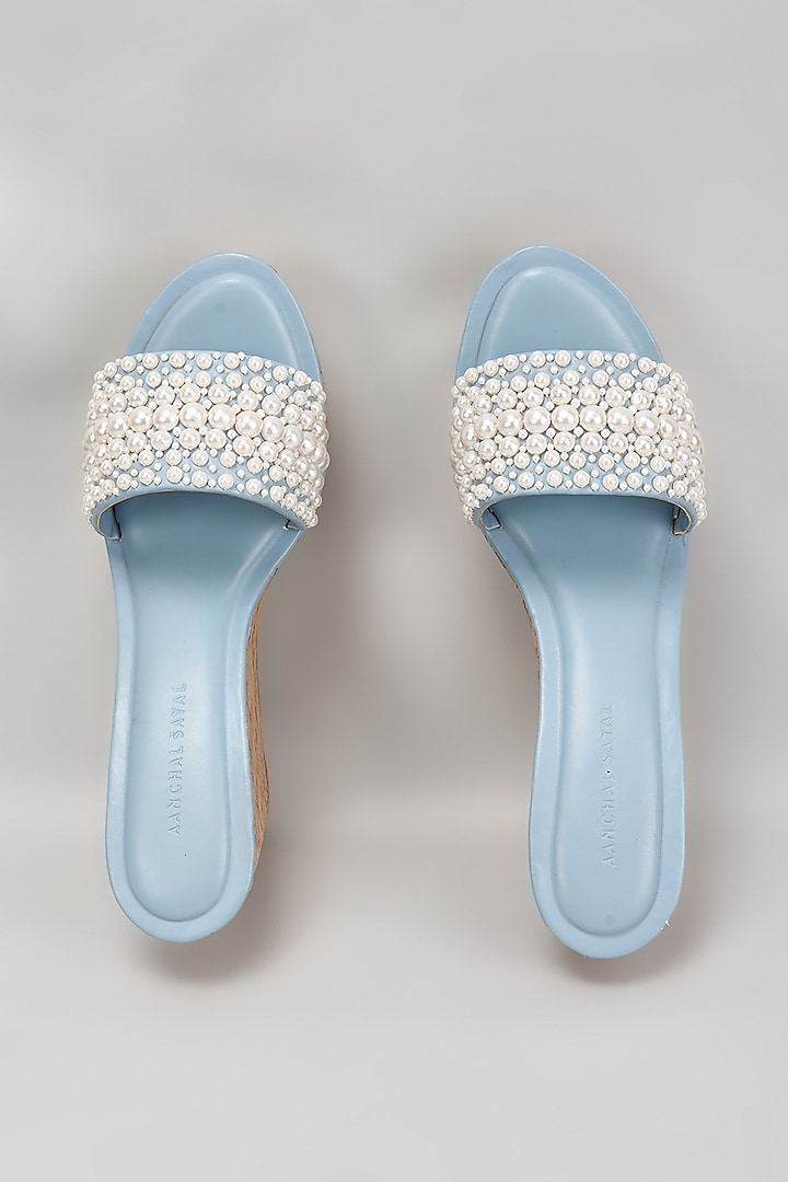 Blue Faux Leather Pearl Embroidered Heels by Aanchal Sayal at Pernia's Pop Up Shop