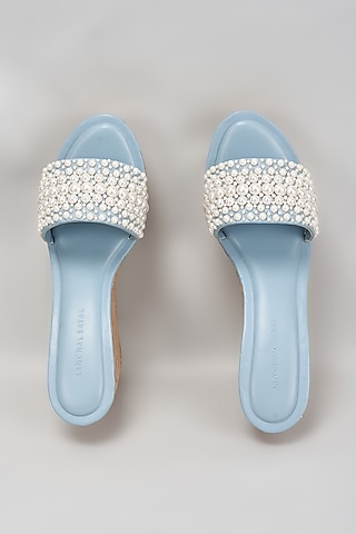 Blue Faux Leather Pearl Embroidered Heels by Aanchal Sayal