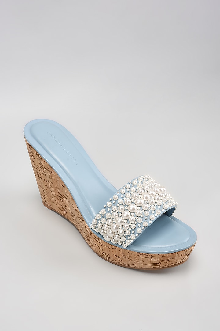 Blue Faux Leather Pearl Embroidered Heels by Aanchal Sayal at Pernia's Pop Up Shop