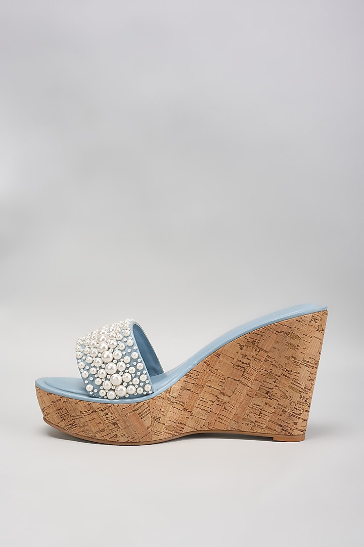 Blue Faux Leather Pearl Embroidered Heels by Aanchal Sayal at Pernia's Pop Up Shop