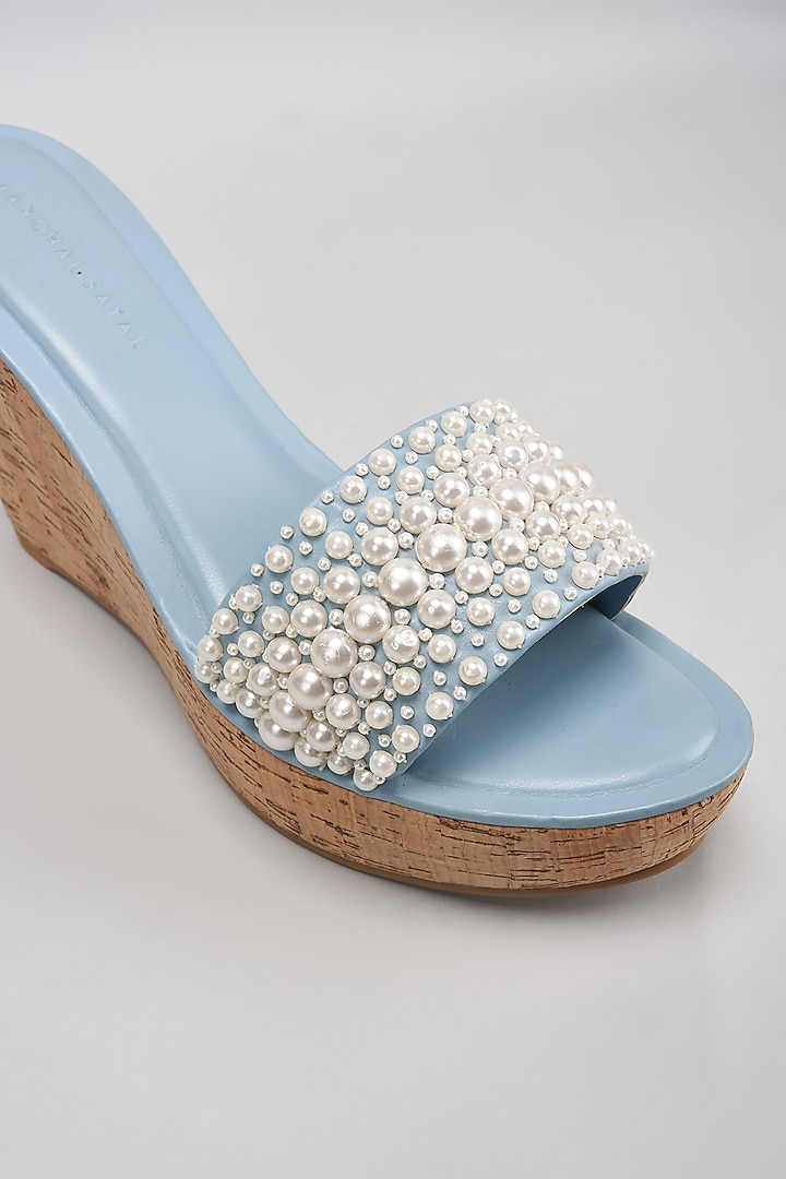 Blue Faux Leather Pearl Embroidered Heels by Aanchal Sayal at Pernia's Pop Up Shop