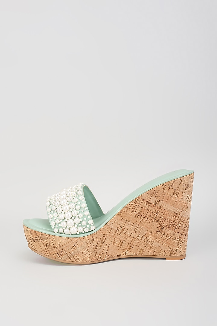 Light Green Faux Leather Pearl Embroidered Heels by Aanchal Sayal at Pernia's Pop Up Shop