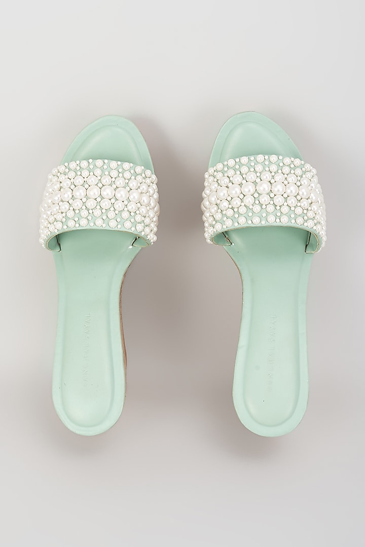 Light Green Faux Leather Pearl Embroidered Heels by Aanchal Sayal at Pernia's Pop Up Shop
