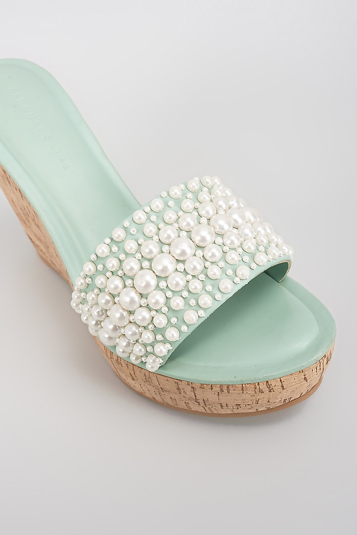 Light Green Faux Leather Pearl Embroidered Heels by Aanchal Sayal at Pernia's Pop Up Shop