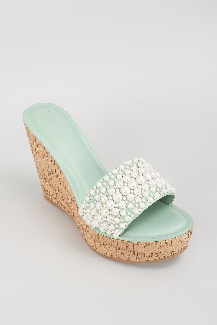Light Green Faux Leather Pearl Embroidered Heels by Aanchal Sayal at Pernia's Pop Up Shop