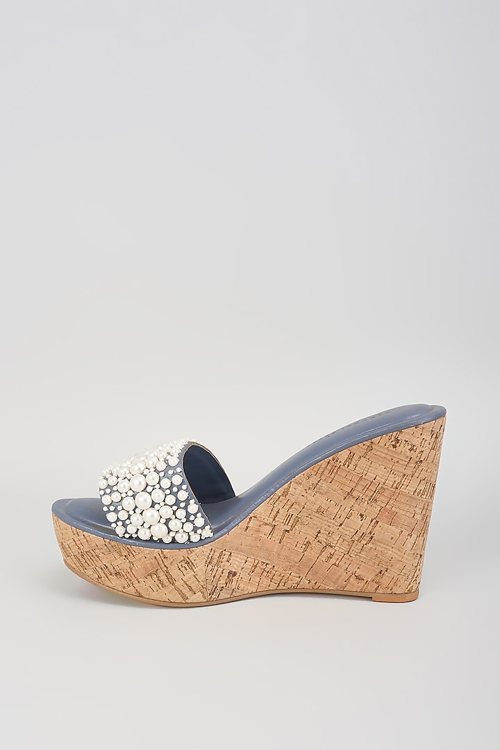 Blue Faux Leather Pearl Embroidered Heels by Aanchal Sayal at Pernia's Pop Up Shop