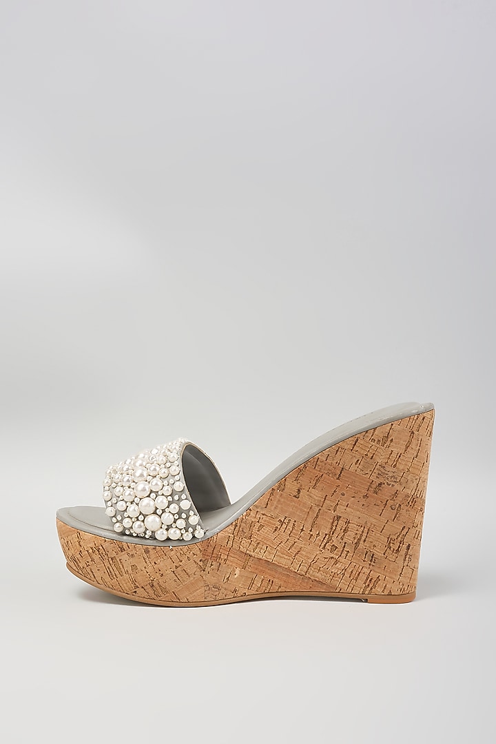 Grey Faux Leather Beads Work Heels by Aanchal Sayal at Pernia's Pop Up Shop