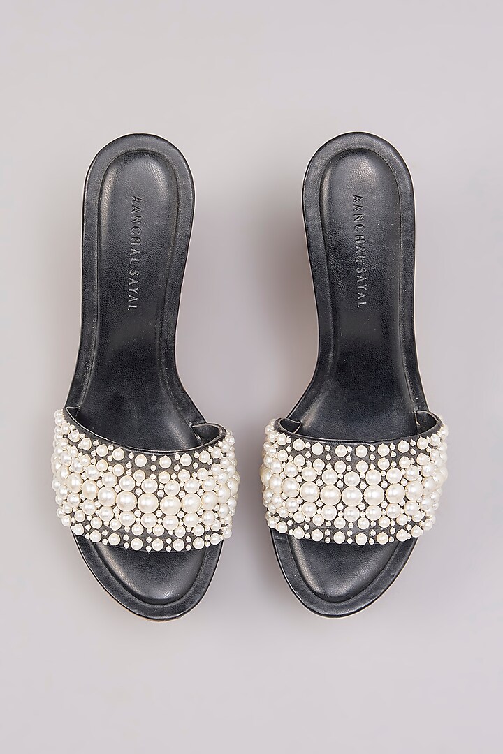 Black Faux Leather Pearl Embellished Heels by Aanchal Sayal at Pernia's Pop Up Shop