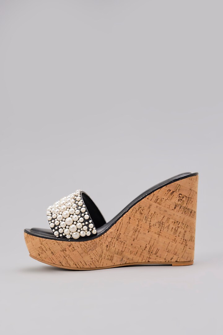 Black Faux Leather Pearl Embellished Heels by Aanchal Sayal at Pernia's Pop Up Shop