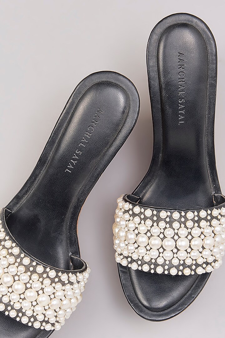 Black Faux Leather Pearl Embellished Heels by Aanchal Sayal at Pernia's Pop Up Shop