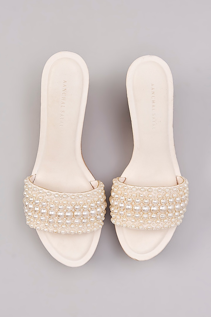 White Faux Leather Pearl Embellished Heels by Aanchal Sayal at Pernia's Pop Up Shop