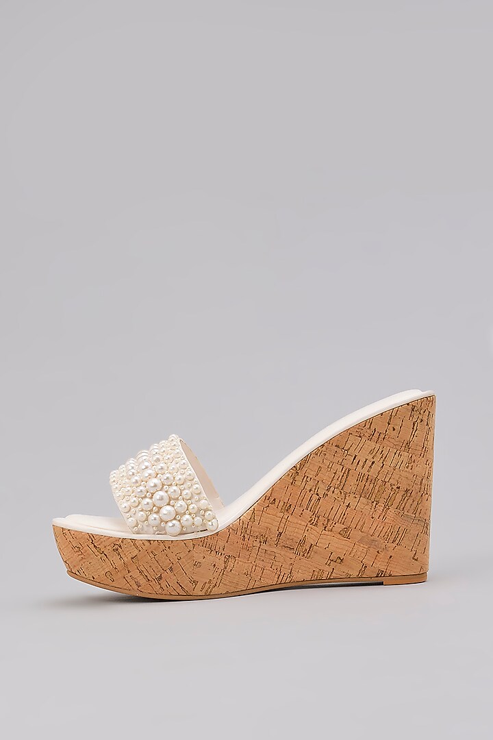 White Faux Leather Pearl Embellished Heels by Aanchal Sayal at Pernia's Pop Up Shop