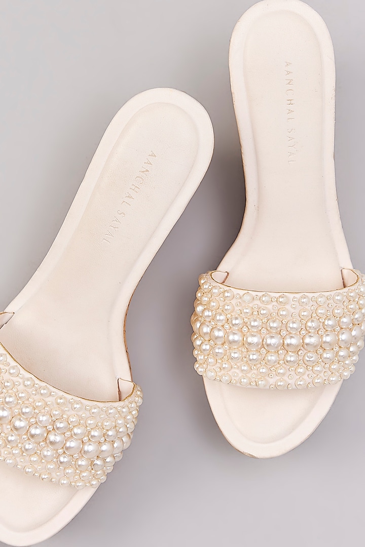 White Faux Leather Pearl Embellished Heels by Aanchal Sayal at Pernia's Pop Up Shop