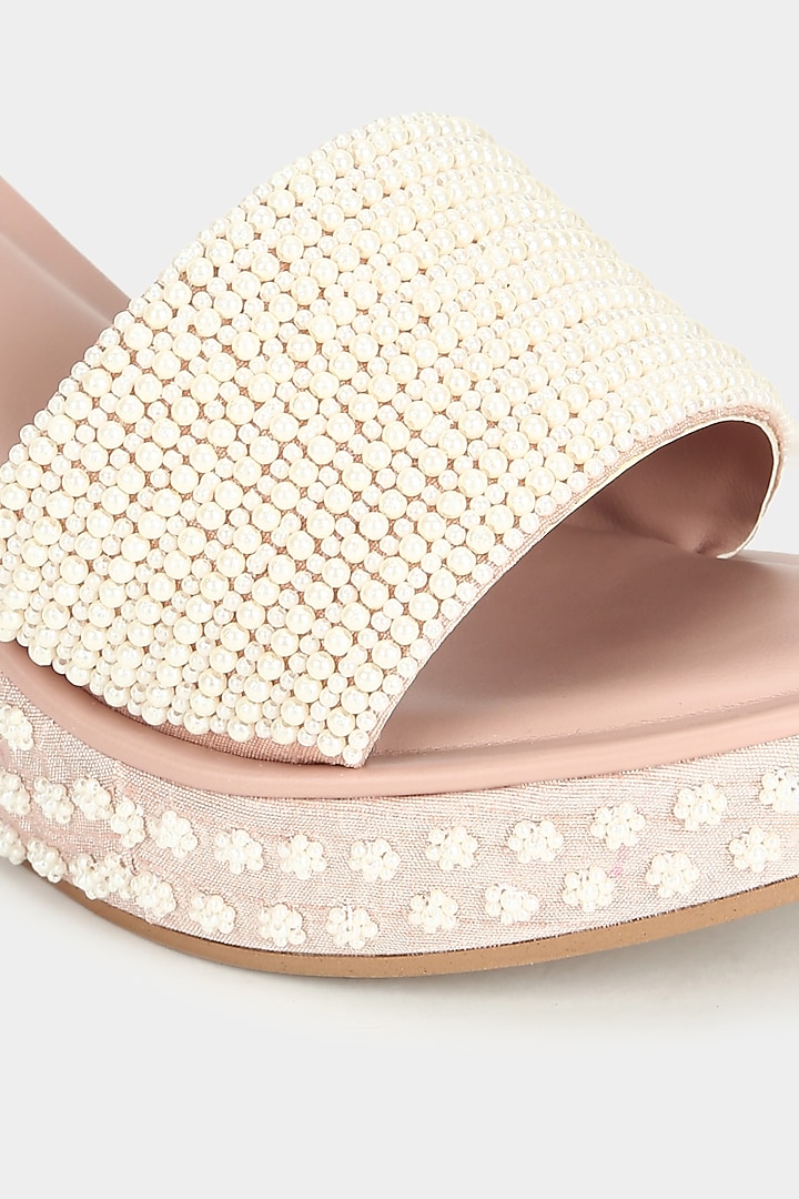 Pink Embellished Wedges by Aanchal Sayal at Pernia's Pop Up Shop