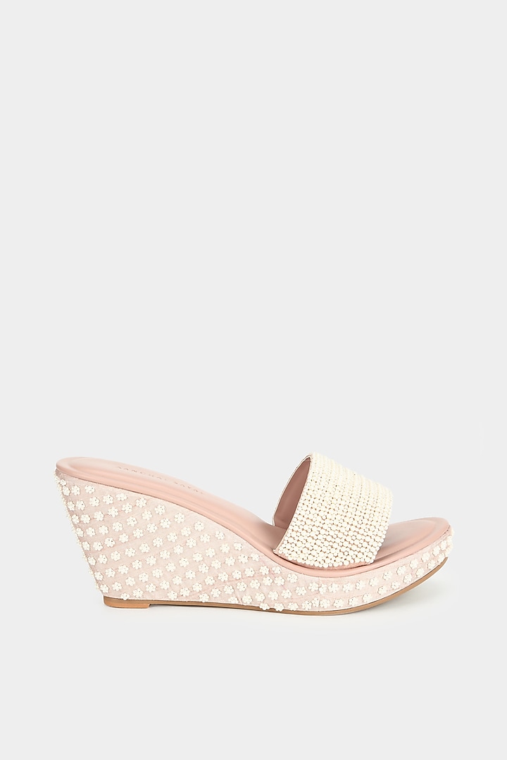 Pink Embellished Wedges by Aanchal Sayal at Pernia's Pop Up Shop