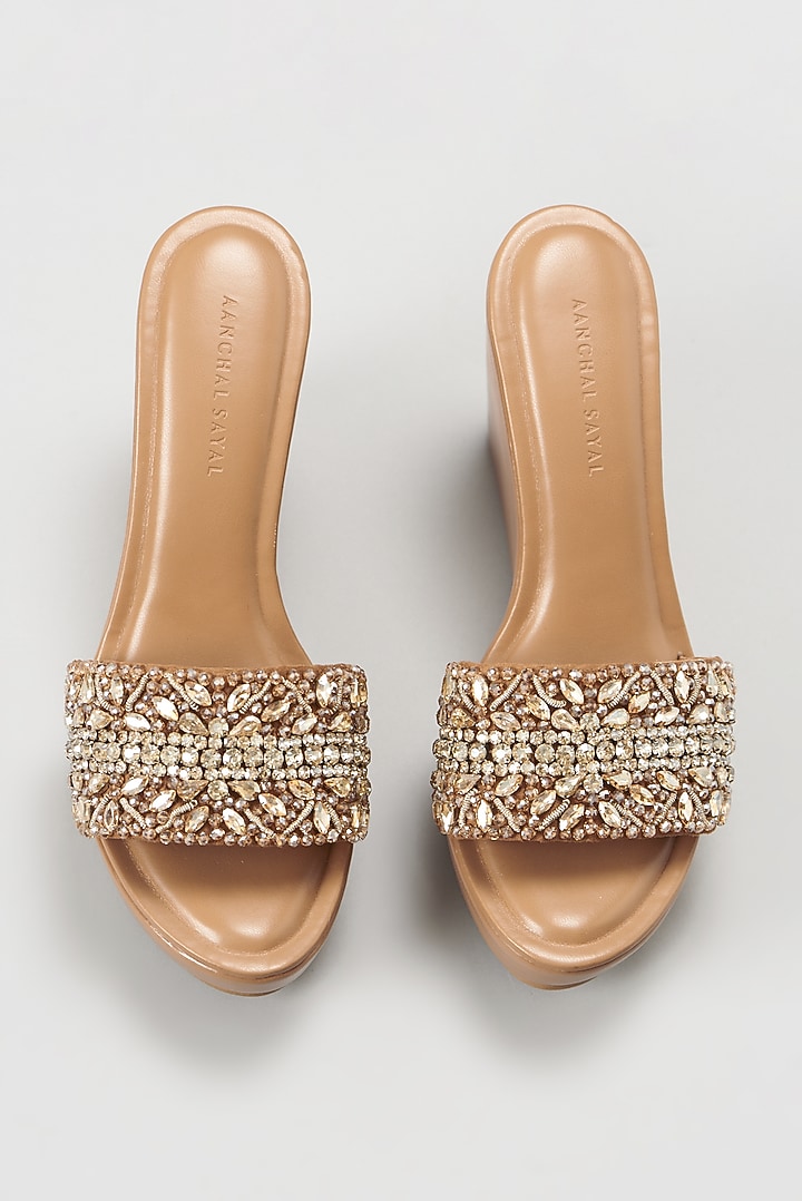 Beige Embellished Wedges by Aanchal Sayal at Pernia's Pop Up Shop