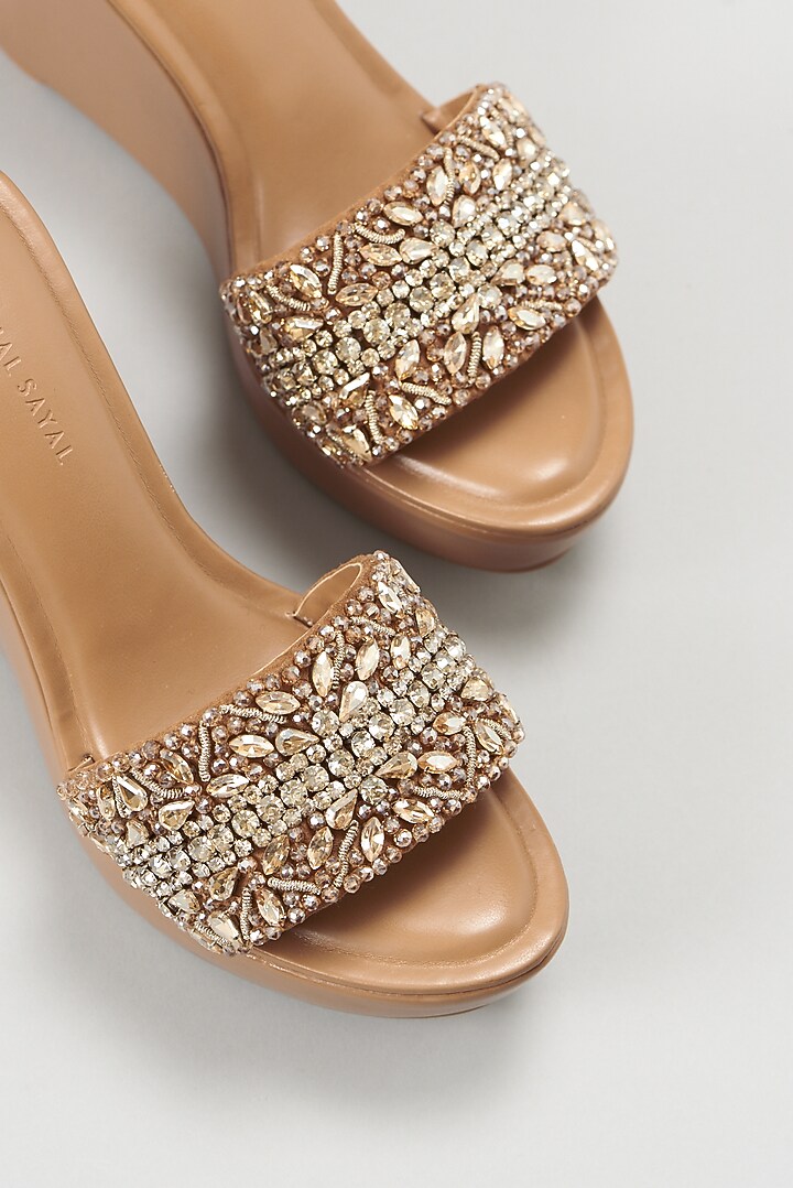 Beige Embellished Wedges by Aanchal Sayal at Pernia's Pop Up Shop