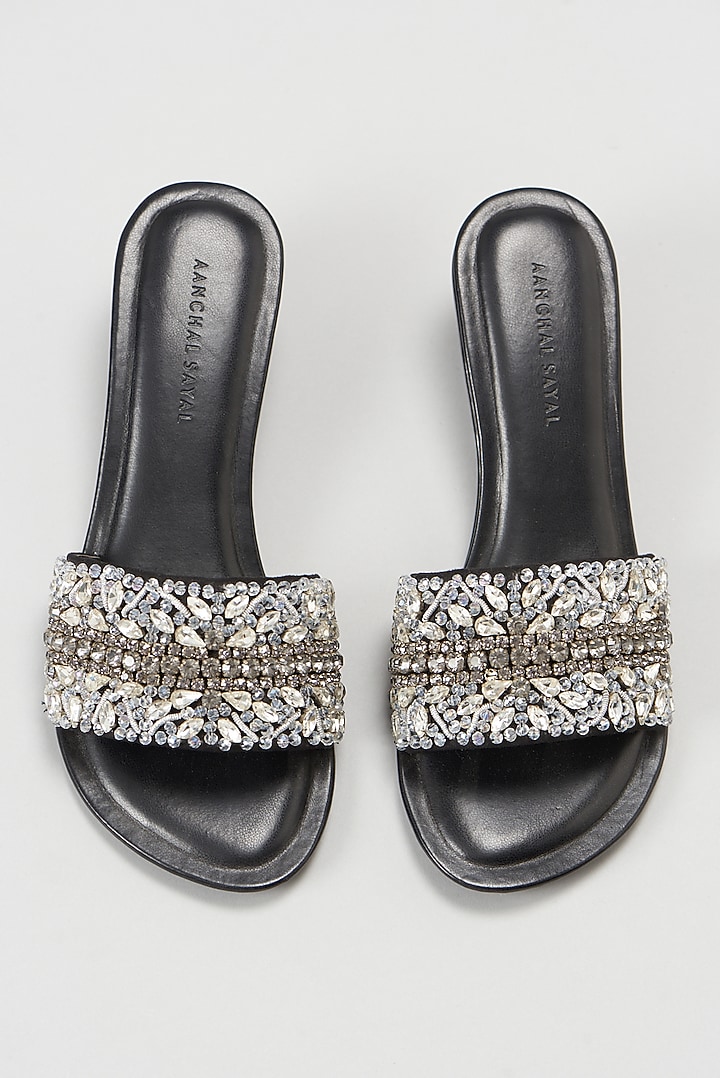 Black Embellished Wedges by Aanchal Sayal at Pernia's Pop Up Shop