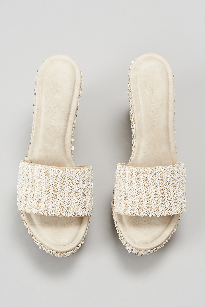 White Embellished Wedges by Aanchal Sayal at Pernia's Pop Up Shop