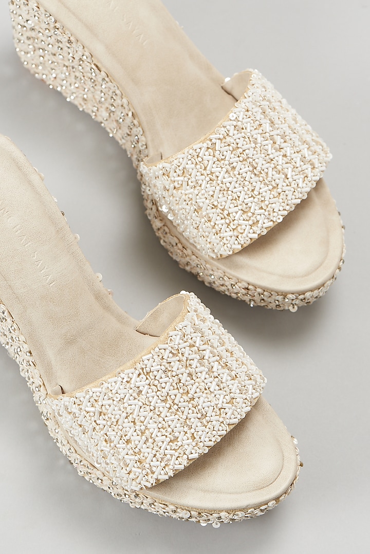 White Embellished Wedges by Aanchal Sayal at Pernia's Pop Up Shop