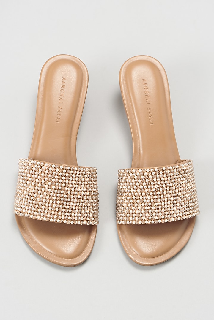 Beige Pearl Embellished Wedges by Aanchal Sayal at Pernia's Pop Up Shop
