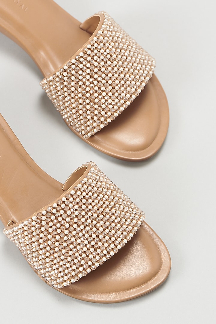 Beige Pearl Embellished Wedges by Aanchal Sayal at Pernia's Pop Up Shop