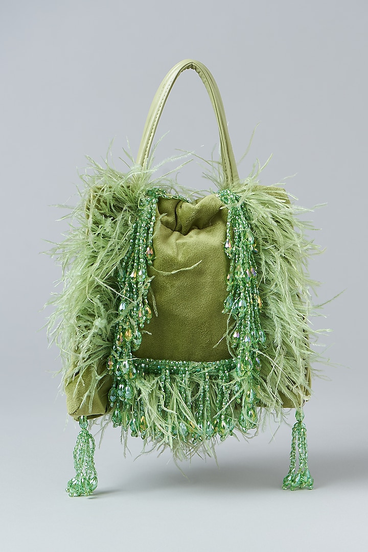 Green Suede Crystal Embellished Potli Bag by Aanchal Sayal