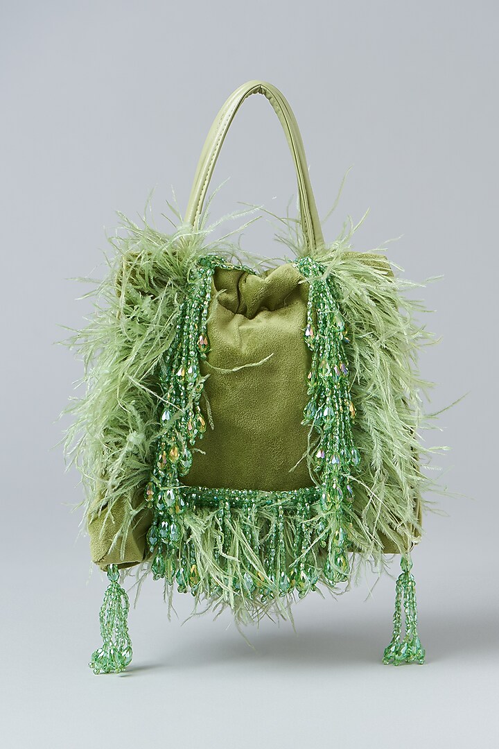 Green Suede Crystal Embellished Potli Bag by Aanchal Sayal at Pernia's Pop Up Shop