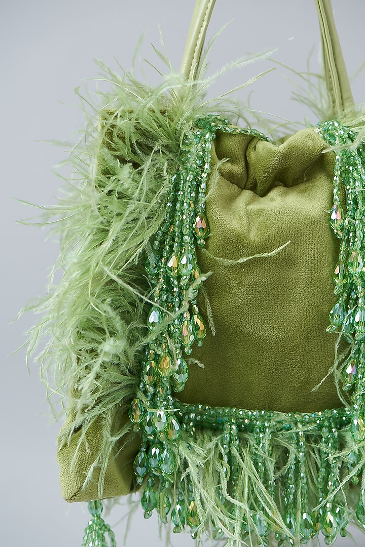 Green Suede Crystal Embellished Potli Bag by Aanchal Sayal at Pernia's Pop Up Shop