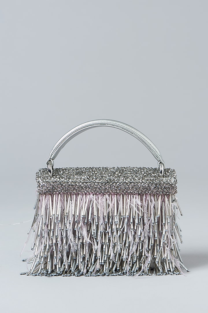 Silver Suede Embellished Clutch by Aanchal Sayal