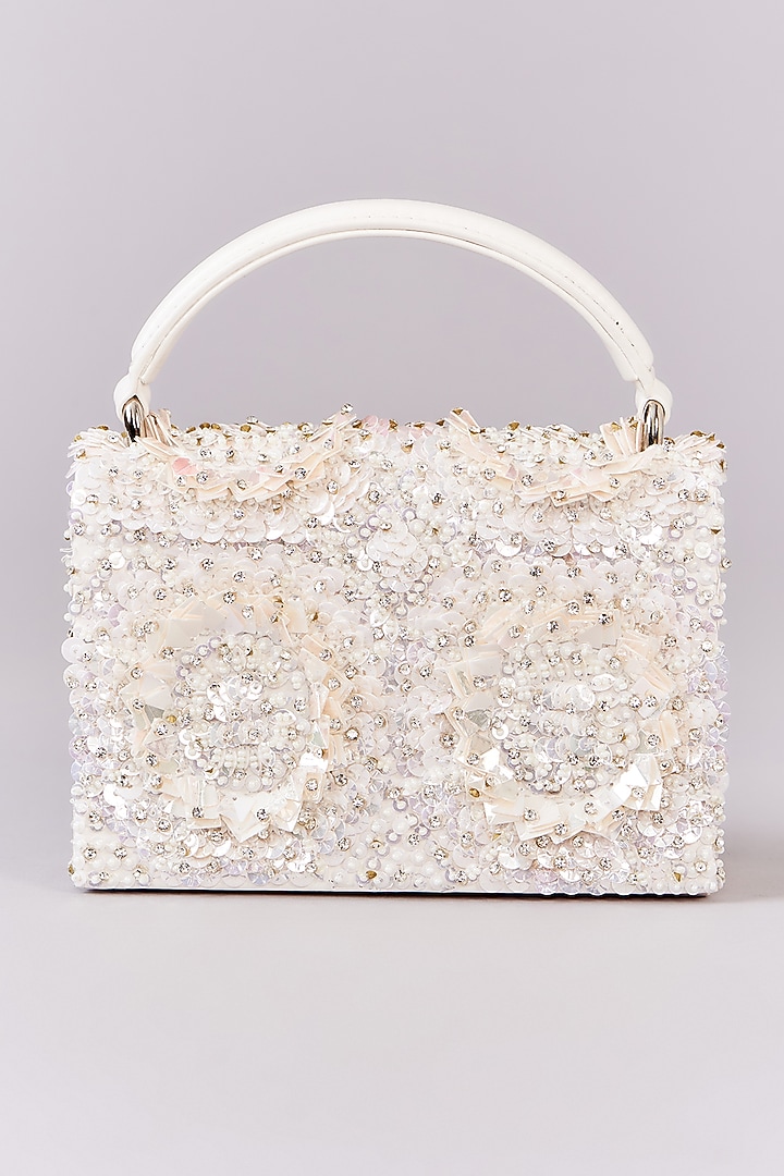 Ivory Faux Leather Sequins Embroidered Clutch by Aanchal Sayal at Pernia's Pop Up Shop