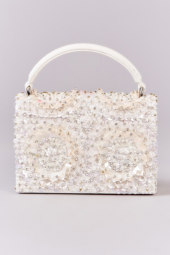 Ivory Faux Leather Sequins Embroidered Clutch by Aanchal Sayal at Pernia's Pop Up Shop
