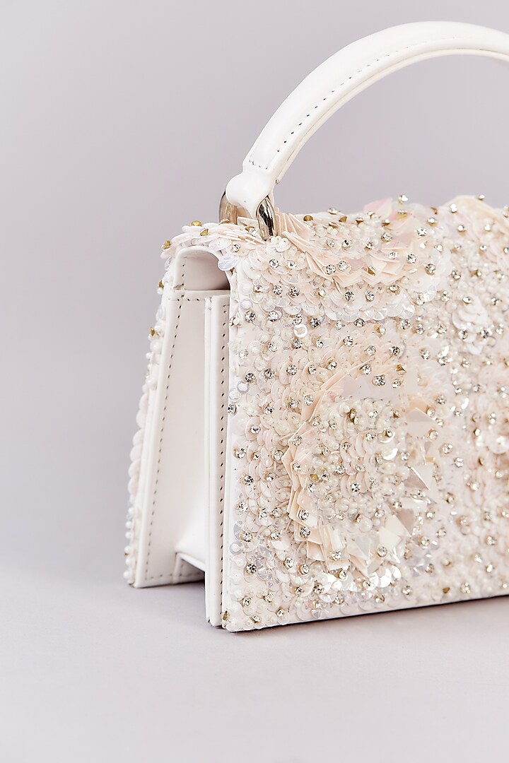 Ivory Faux Leather Sequins Embroidered Clutch by Aanchal Sayal at Pernia's Pop Up Shop
