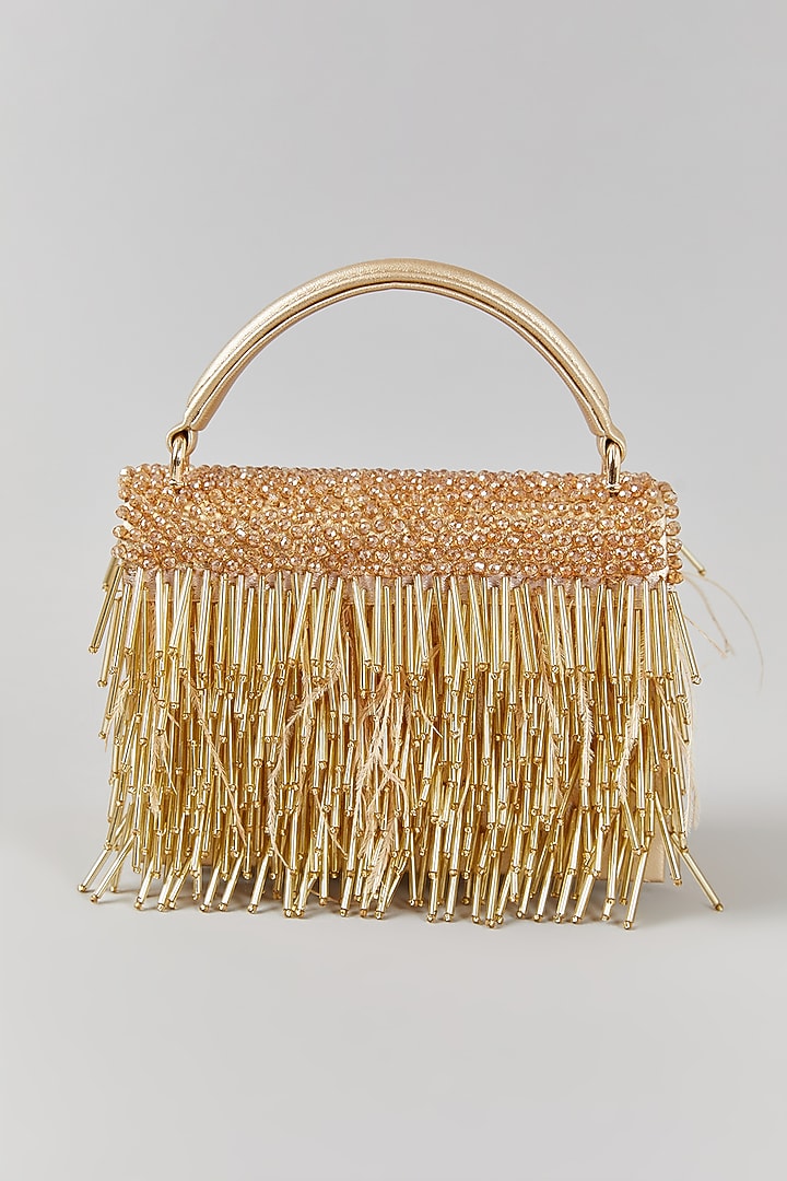 Gold Faux Leather Crystal Embroidered Structured Bag by Aanchal Sayal at Pernia's Pop Up Shop