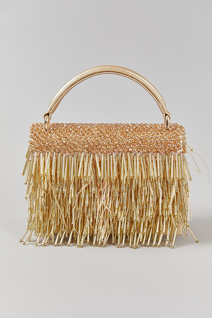 Gold Faux Leather Crystal Embroidered Structured Bag by Aanchal Sayal at Pernia's Pop Up Shop