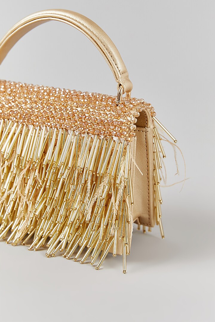 Gold Faux Leather Crystal Embroidered Structured Bag by Aanchal Sayal at Pernia's Pop Up Shop