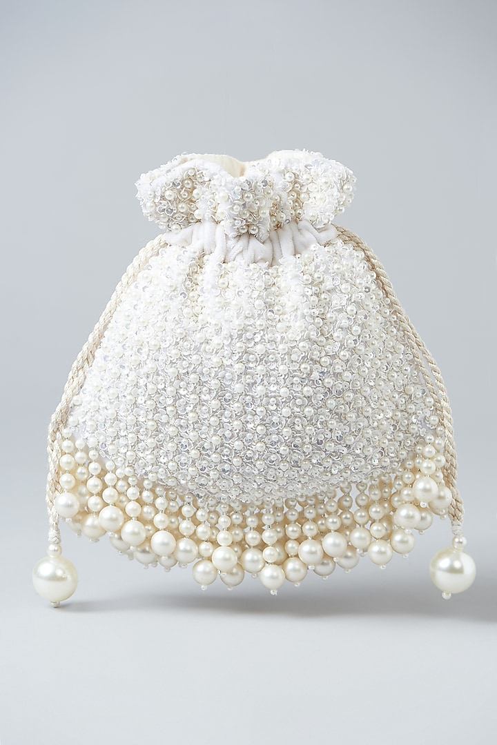 Ivory Velvet Pearl Embellished Potli Bag by Aanchal Sayal