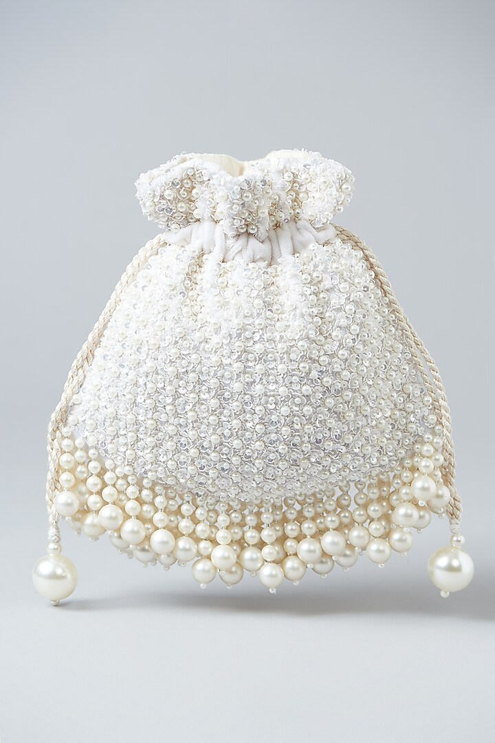 Ivory Velvet Pearl Embellished Potli Bag by Aanchal Sayal at Pernia's Pop Up Shop