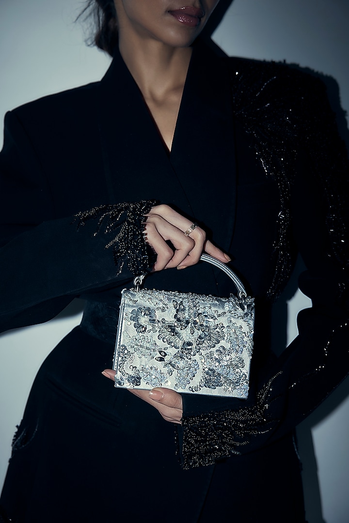Silver Faux Leather Sequins Embroidered Clutch by Aanchal Sayal at Pernia's Pop Up Shop