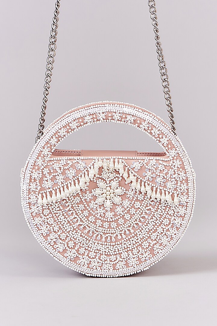 Blush Pink Faux Leather Micro Pearl & Sequins Embroidered Clutch by Aanchal Sayal at Pernia's Pop Up Shop
