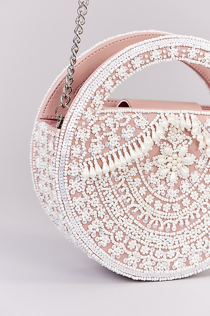 Blush Pink Faux Leather Micro Pearl & Sequins Embroidered Clutch by Aanchal Sayal at Pernia's Pop Up Shop